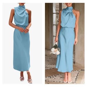 Light Blue Satin Sleeveless Mock Neck Cocktail Dress